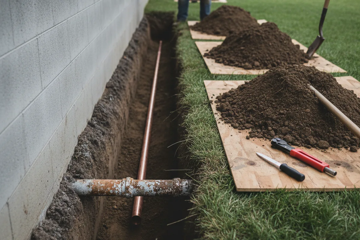 Excavated water line trench during Water Heater Repair in Beaverton